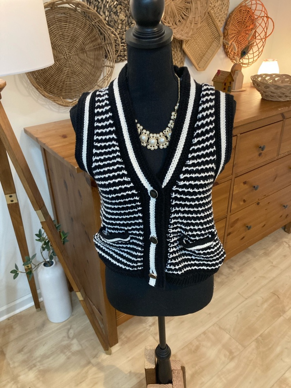 LOFT Black and White Knit Striped Vest